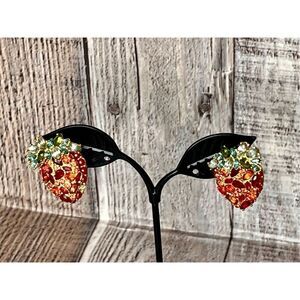 Baublebar Crystal Strawberry Rhodochrosite Stud Earrings Gold Tone Costume Jewel